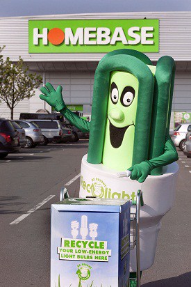 A Recolight mascot marks the launch of the new low-energy light bulb recycling initiative at Homebase stores nationwide